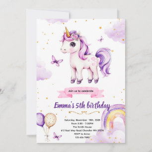 Purple unicorn birthday party invitation