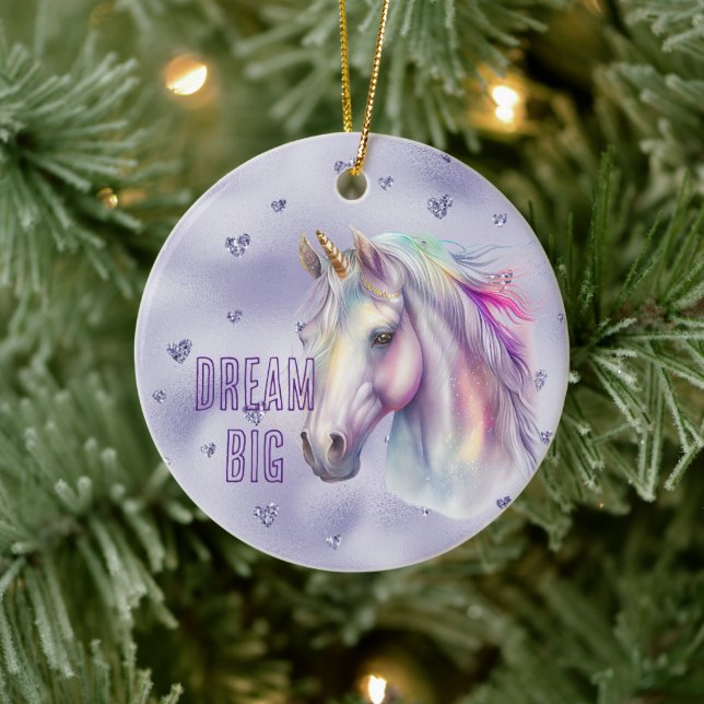 Purple Unicorn Dream Glitter Hearts Ceramic Ornament (Tree)
