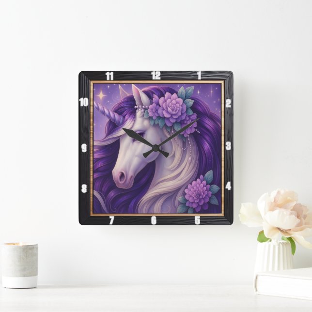 Purple Unicorn Floral Fantasy Square Wall Clock (Home)