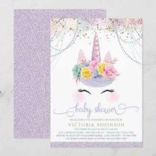 Purple Unicorn Girl Baby Shower Invitation