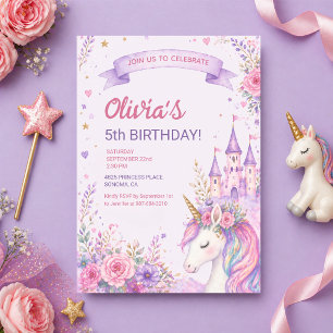 Purple Unicorn Girls 5th Birthday Invitation