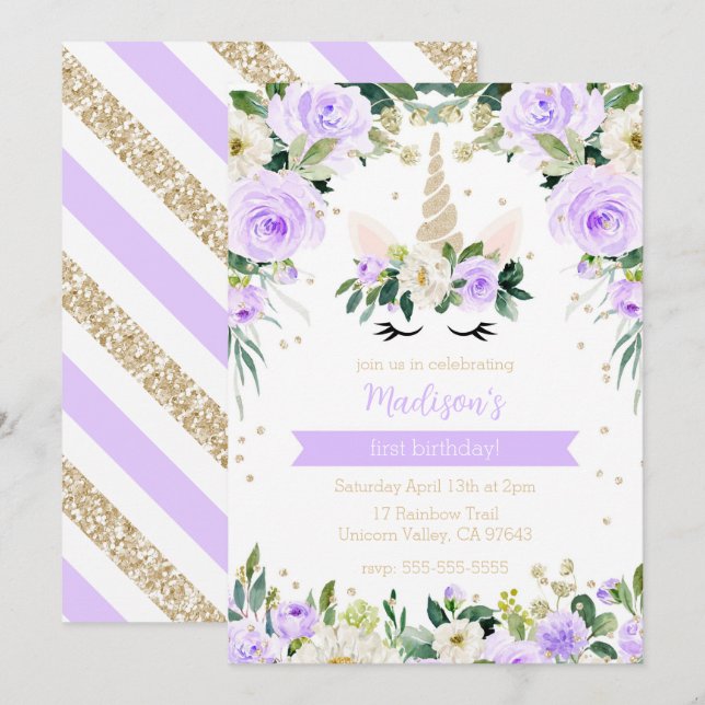 Purple Unicorn Girly Birthday Invitation (Front/Back)