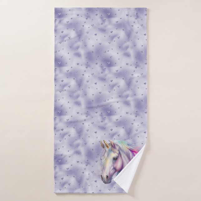 Purple Unicorn Glitter Hearts Bath Towel (Bath Towel)