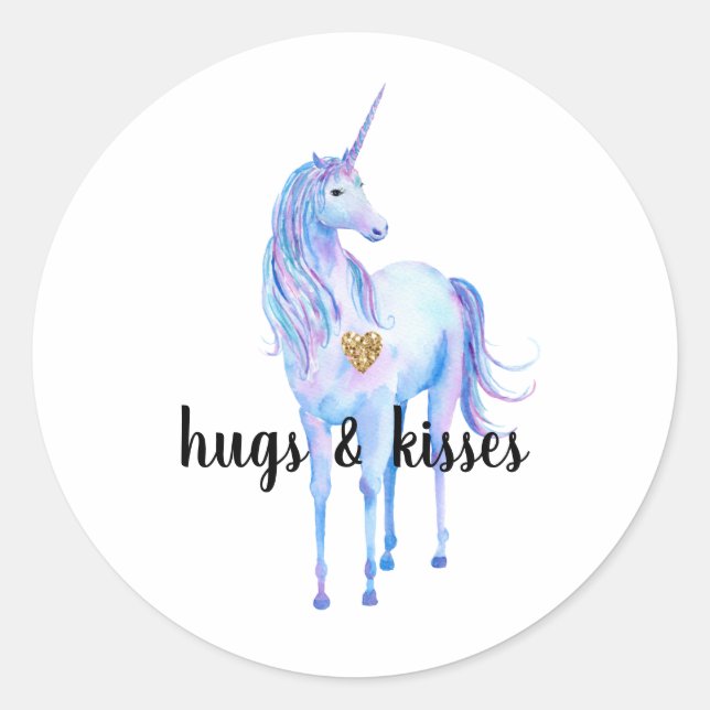 Purple Unicorn Gold Glitter Heart personalized Classic Round Sticker (Front)