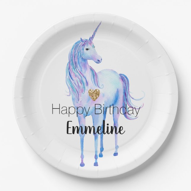 Purple Unicorn Gold Glitter Heart personalized Paper Plate (Front)