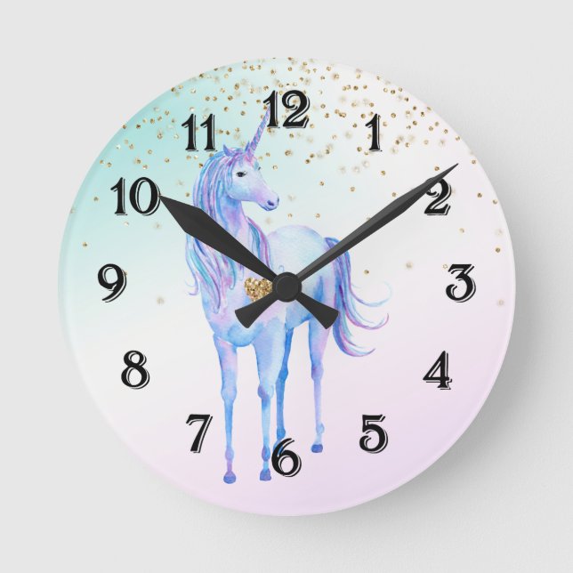 Purple Unicorn Gold Glitter Heart Round Clock (Front)