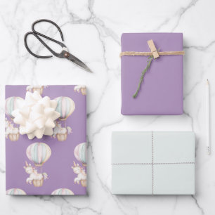 Purple Unicorn Hot Air Balloon Birthday Wrapping Paper Sheet