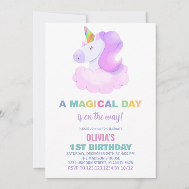 Purple Unicorn Invitations d'anniversaire (Devant)
