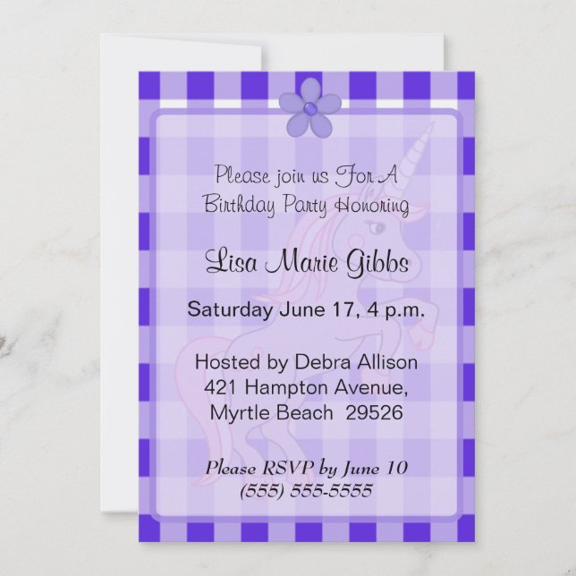 Purple Unicorn Invitations d'anniversaire (Devant)