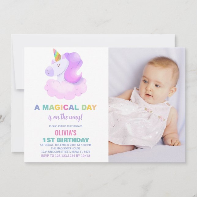 Purple Unicorn Invitations d'anniversaire avec pho (Devant)