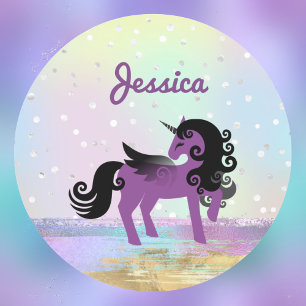 Purple Unicorn on a Pastel Faux Glitter Cloud Clas Classic Round Sticker