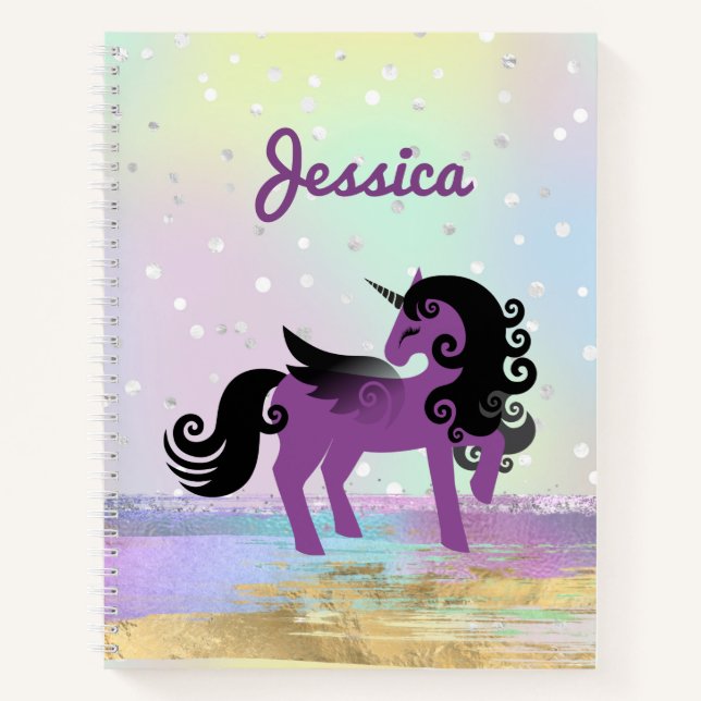 Purple Unicorn on a Pastel Faux Glitter Cloud Note Notebook (Front)