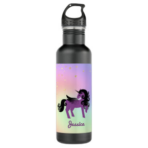 Purple Unicorn on Pastel Rainbow and Stars 710 Ml Water Bottle