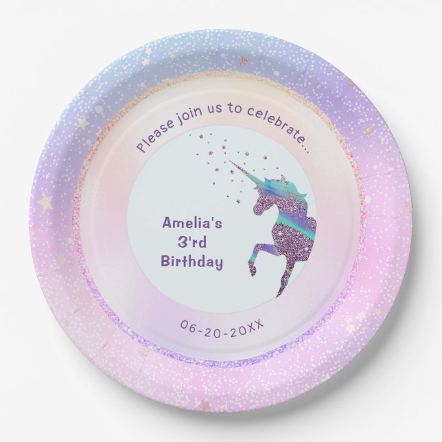 Purple Unicorn Pastel Holographic Starry Galaxy Paper Plate (Front)