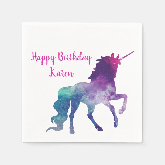 Purple Unicorn Personalized Happy Birthday Party Napkin (Front)