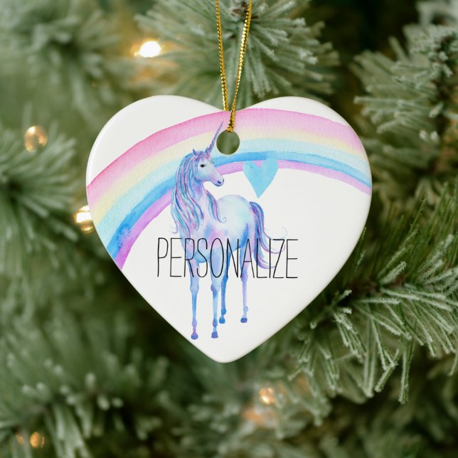 Purple Unicorn Rainbow Heart Ceramic Ornament (Tree)