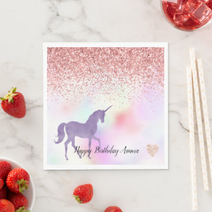 Purple Unicorn Rainbow Pink Glitter Sparkle Heart Napkin