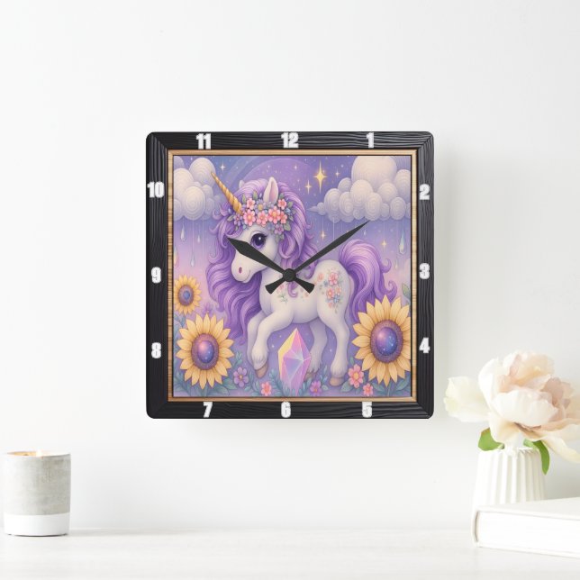 Purple Unicorn Sunflower Crystal Square Wall Clock (Home)