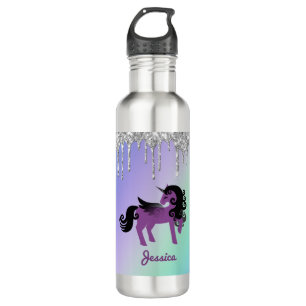Purple Unicorn with Glitter on Teal and Purple 710 Ml Water Bottle