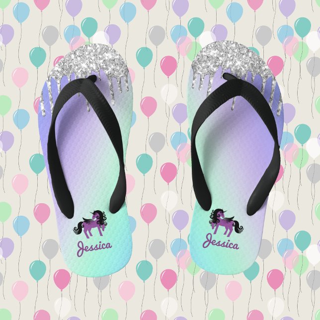 Purple Unicorn with Glitter on Teal and Purple Kid's Flip Flops (Creator Uploaded)