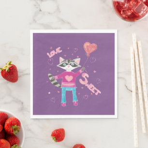 Purple Valentine's Day napkins with raccoon