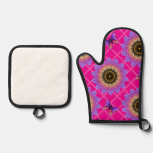 Purple Velvet Sunflower & Butterfly Pattern Oven Mitt & Pot Holder Set