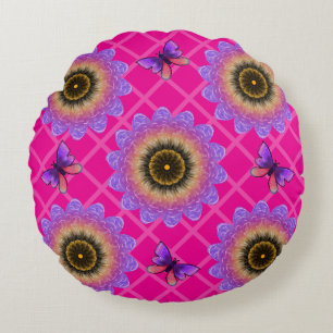 Purple Velvet Sunflower & Butterfly Pattern Round Pillow