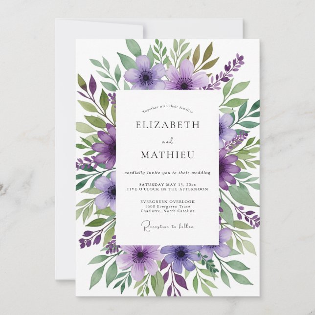 Purple Verdant Bloom Wedding Invitation (Front)