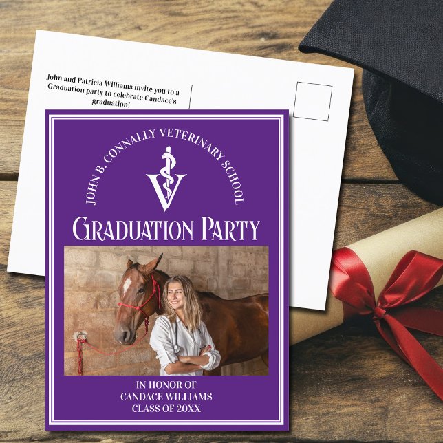 Purple Veterinary School Photo Graduation Party Invitation Postcard (Creator Uploaded)
