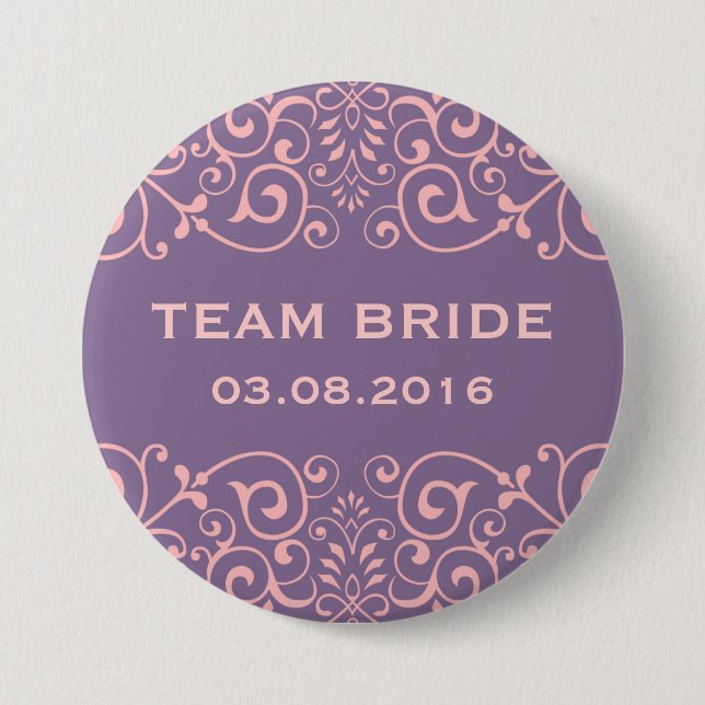 Purple Victorian Floral Swirl Team Bride Button (Front)