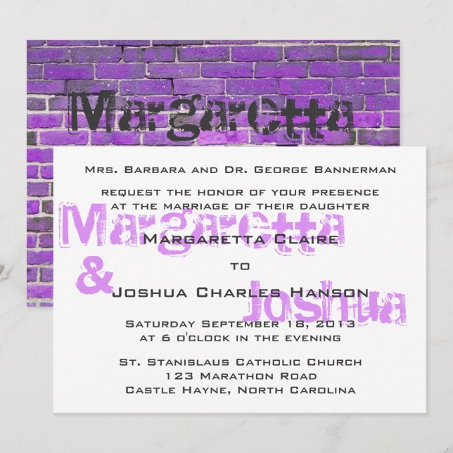 Purple Vintage Brick Graffiti Wedding Invitation (Front/Back)