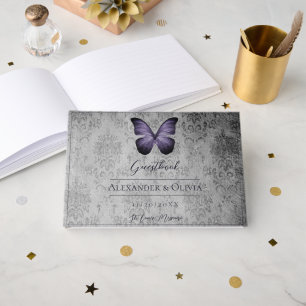 Purple Vintage Butterfly Damask Wedding Guest Book