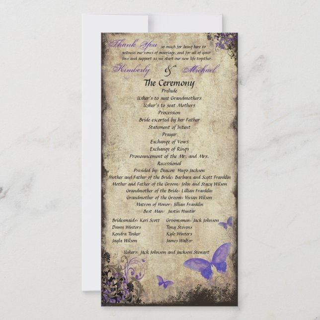 Purple Vintage Butterfly Wedding Programme Photoca (Devant)