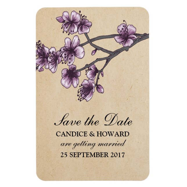 Purple Vintage Cherry Blossoms Save the Date Magnet (Vertical)