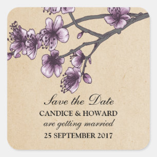Purple Vintage Cherry Blossoms Save the Date Square Sticker