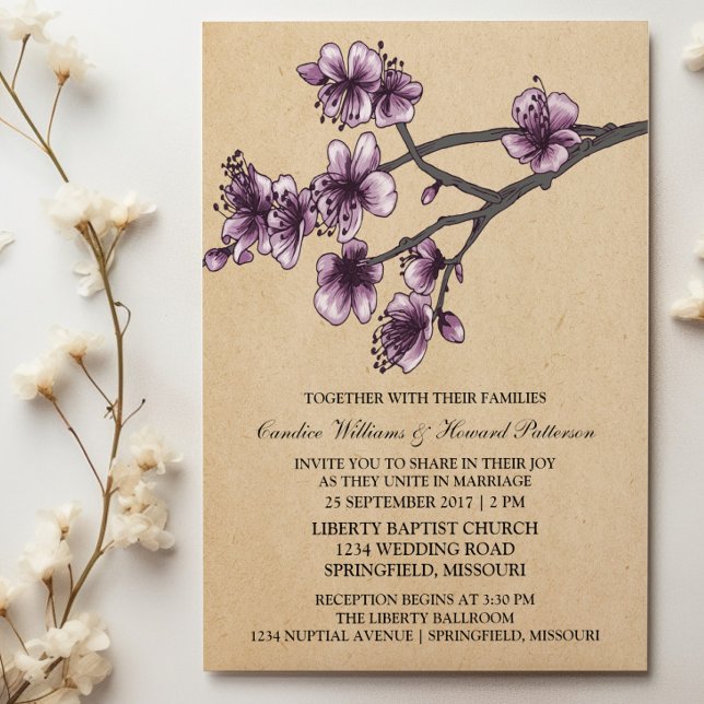 Purple Vintage Cherry Blossoms Wedding Invite (Purple Vintage Cherry Blossoms Wedding Invite)