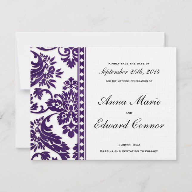 Purple Vintage Damask Lace Save the Dates Date (Front)