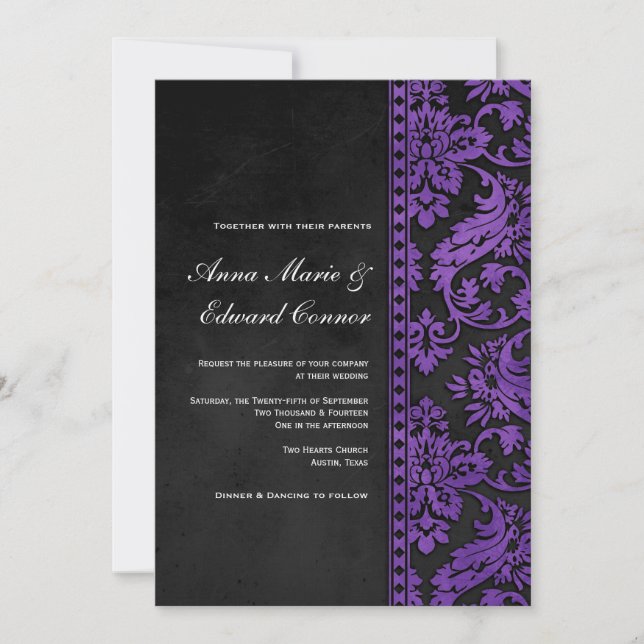 Purple Vintage Damask Lace Wedding Invitation (Front)