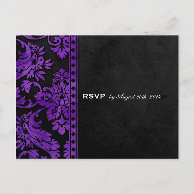 Purple Vintage Damask Lace Wedding RSVP Invitation Postcard (Front)