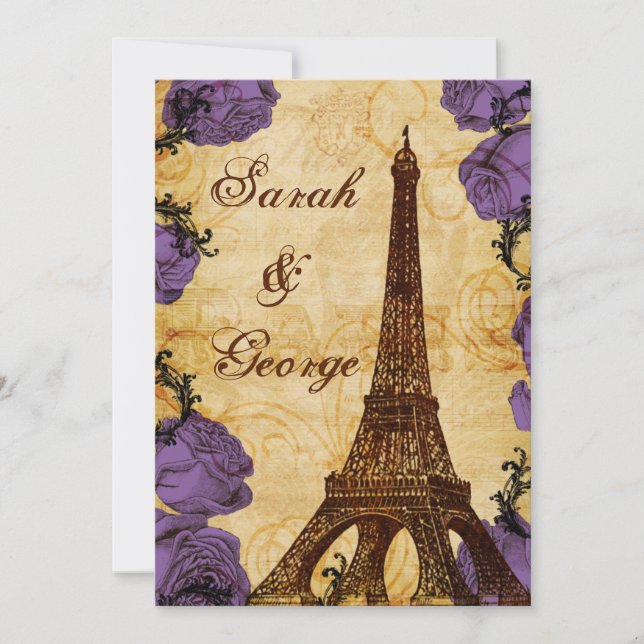 purple vintage eiffel tower Paris wedding invite (Front)