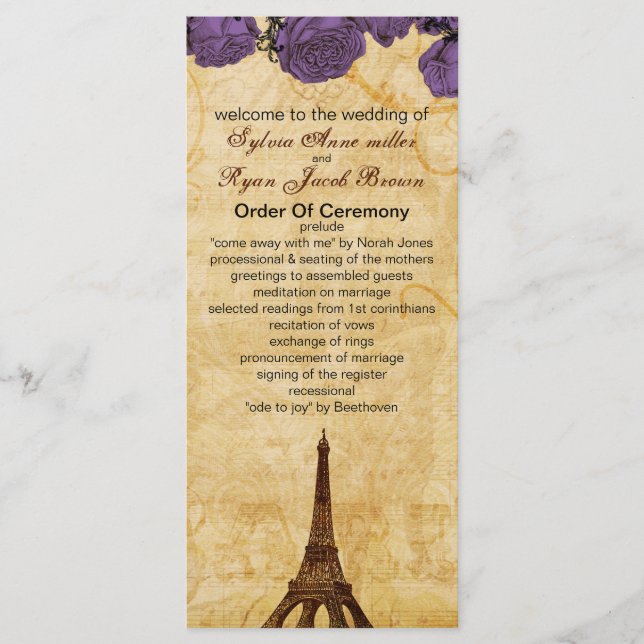 purple vintage eiffel tower Paris wedding program (Front)