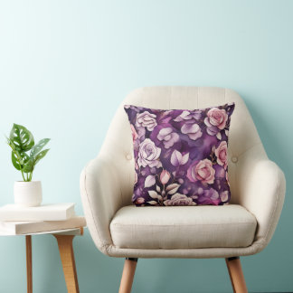 Purple Vintage Floral in Watercolor Outdoor Pillow