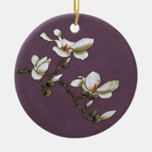 Purple Vintage Floral Magnolia Ceramic Ornament