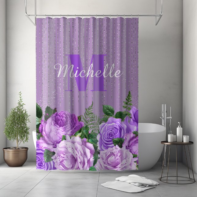Purple Vintage Floral Silver Glitter Monogram (Purple floral monogram shower curtain. Personalize with your name and initial)