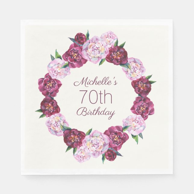 Purple Vintage Floral Wreath 70th Birthday  Napkin (Front)