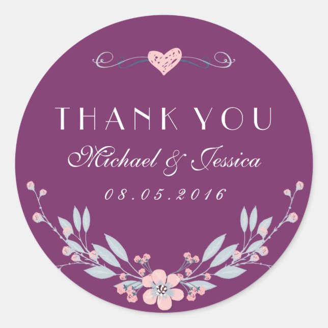 Purple Vintage Flower Wedding Sticker with Love (Front)