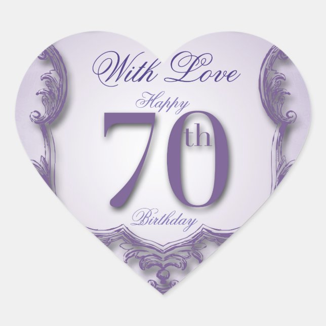 Purple Vintage Frame 70th birthday Heart Sticker (Front)