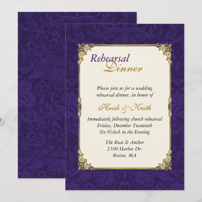 Purple & Vintage Gold Rehearsal Dinner Invitation (Front/Back)