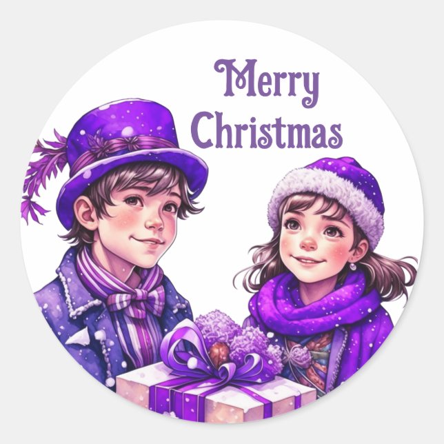 Purple Vintage Merry Christmas Classic Round Sticker (Front)