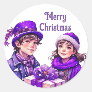 Purple Vintage Merry Christmas Classic Round Sticker